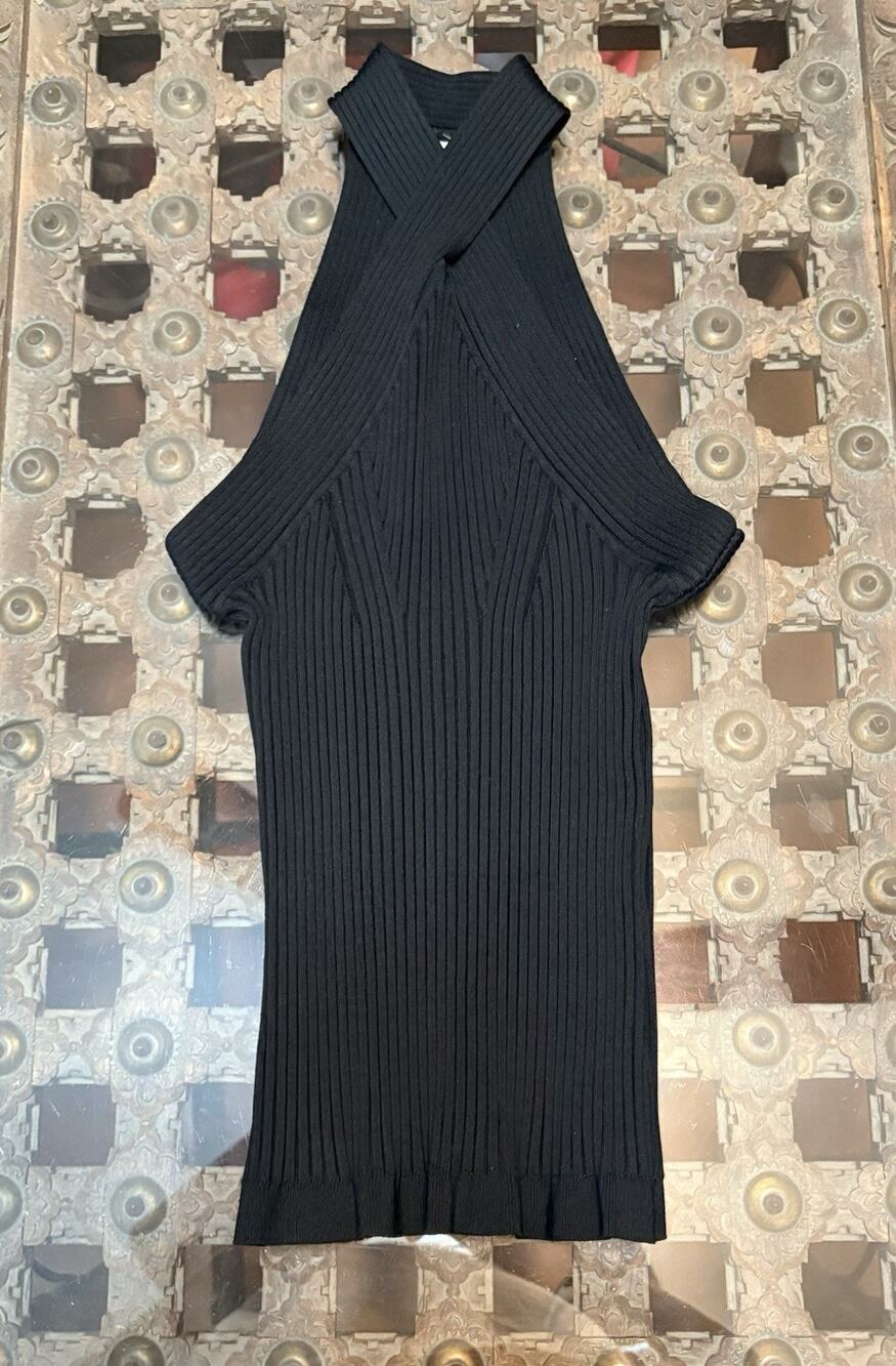 Cache Top Size M Black Ribbed Knit Crossover Front Sleeveless